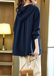 Loose Navy Hooded Button Zircon Patchwork Top Fall