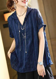 Loose Navy Hooded Chain Linked Patchwork Cotton T Shirt Short Sleeve