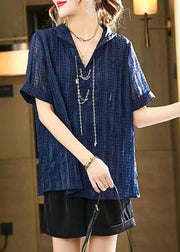 Loose Navy Hooded Chain Linked Patchwork Cotton T Shirt Short Sleeve