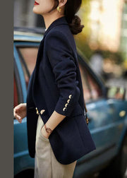 Loose Navy Notched Button Patchwork Spandex Coats Fall