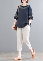 Loose Navy O-Neck Top And Corp Pants Two-Piece Set Summer