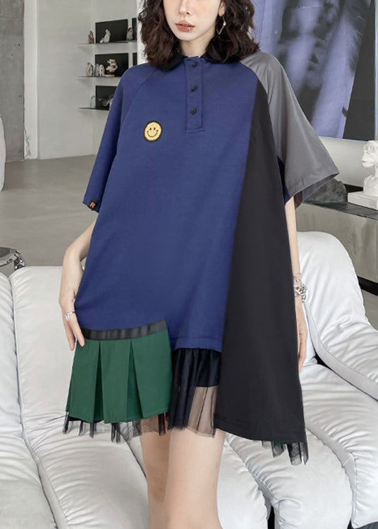 Loose Navy Peter Pan Collar Asymmetrical Patchwork Cotton Mid Dress Summer