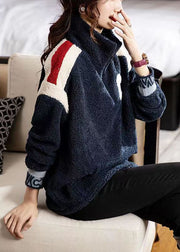 Loose Navy Stand Collar Zip Up Patchwork Teddy Faux Fur Tops Winter