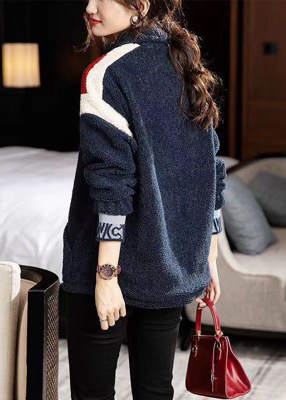 Loose Navy Stand Collar Zip Up Patchwork Teddy Faux Fur Tops Winter