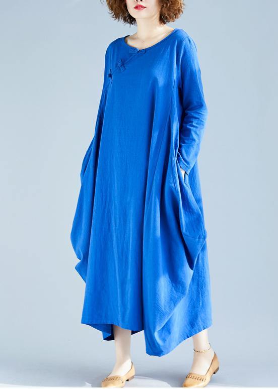 Loose O Neck Asymmetric Spring Wardrobes Fabrics Blue A Line Dress - SooLinen