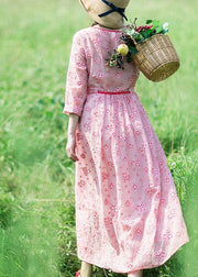 Loose O Neck Drawstring Summer Tunic Work Pink Print Art Dresses - SooLinen