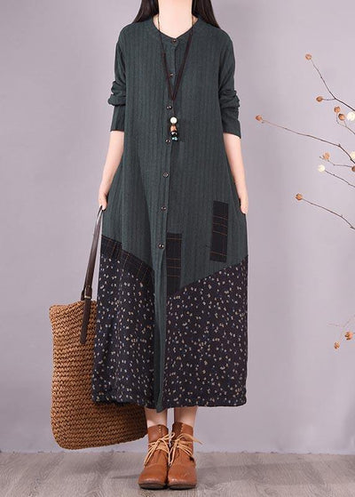 Loose O Neck Pockets Spring Clothes Design Blackish Green Patchwork Print Dresses - SooLinen