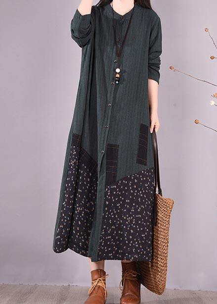 Loose O Neck Pockets Spring Clothes Design Blackish Green Patchwork Print Dresses - SooLinen