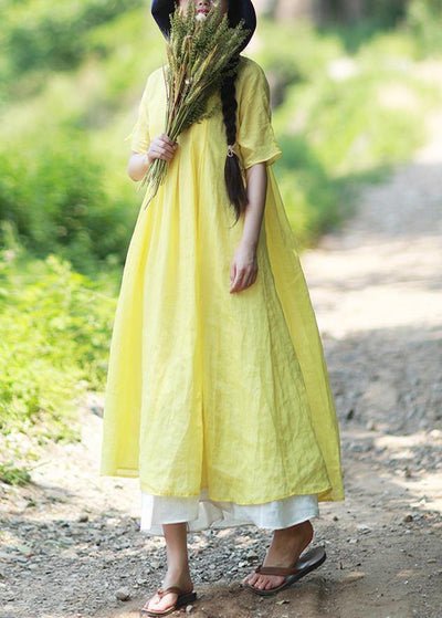 Loose O Neck Short Sleeve Clothes Work Yellow Dresses - SooLinen