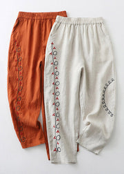 Loose Orange Embroidered Elastic Waist Cotton Harem Pants Summer