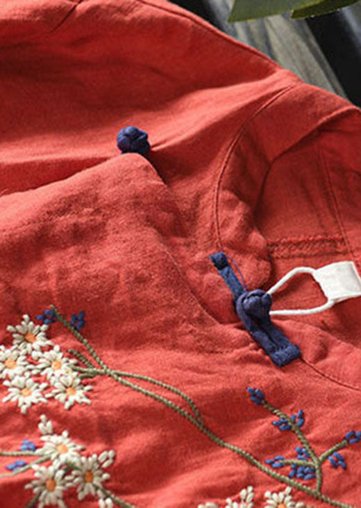 Loose Orange Embroidered Floral Linen Top Half Sleeve