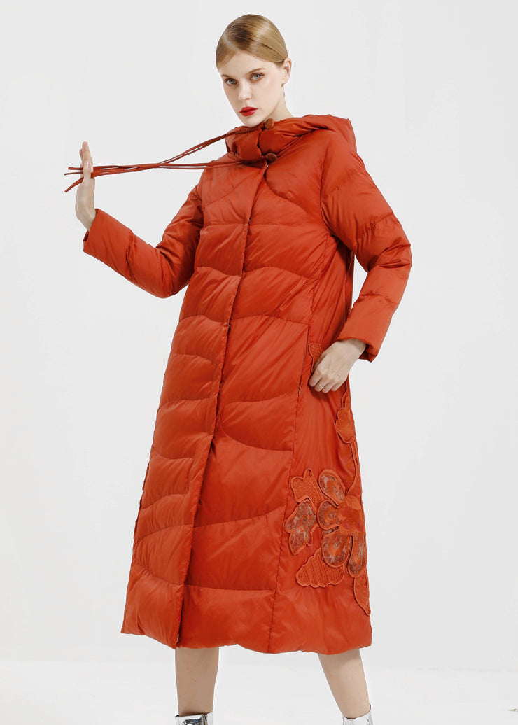 Loose Orange Hooded Button Patchwork Duck Down Down Long Coats Winter