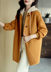 Loose Orange Hooded Button Pockets Patchwork Woolen Coat Fall