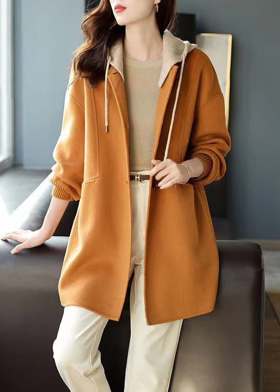 Loose Orange Hooded Button Pockets Patchwork Woolen Coat Fall