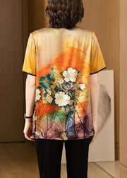 Loose Orange O Neck Print Patchwork Silk T Shirt Summer