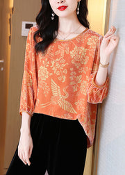Loose Orange O Neck Print Patchwork Silk Velour Shirt Tops Fall
