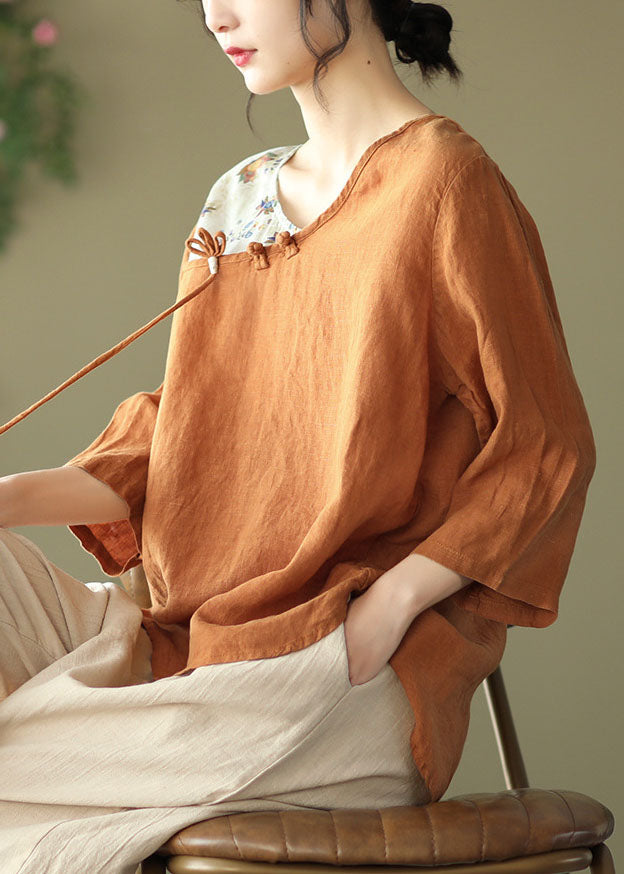 Loose Orange Oriental O-Neck Patchwork Linen Tops Bracelet Sleeve