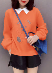 Loose Orange PeterPan Collar Print Casual Fall Pullover Street wear