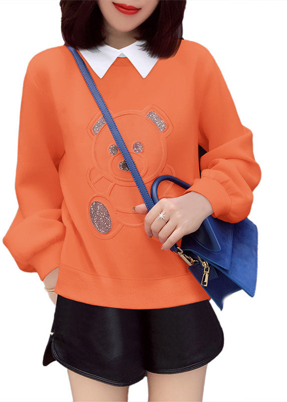 Lockerer orangefarbener PeterPan-Kragen-Druck Lässiger Herbstpullover Streetwear