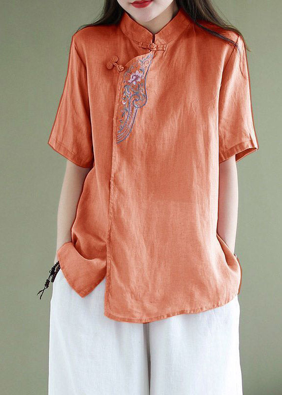 Loses orange Stehkragen-Hemd mit bestickten Knöpfen und kurzen Ärmeln