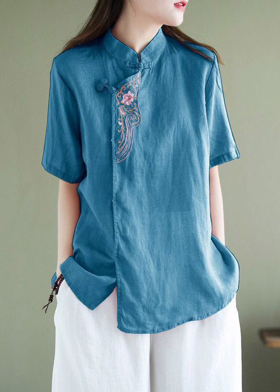Loose Orange Stand Collar Embroidered Button Shirt Short Sleeve