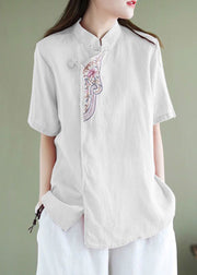 Loose Orange Stand Collar Embroidered Button Shirt Short Sleeve