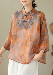 Loose Orange Stand Collar Embroideried Print Cotton Shirt Bracelet Sleeve