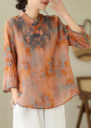 Loose Orange Stand Collar Embroideried Print Cotton Shirt Bracelet Sleeve