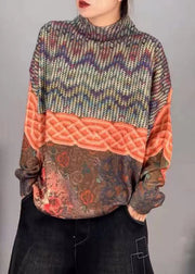 Loose Orange Turtleneck Print Patchwork Mink Hair Knitted Top Fall