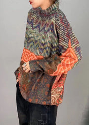 Loose Orange Turtleneck Print Patchwork Mink Hair Knitted Top Fall