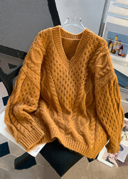 Loose Orange V Neck Patchwork Cozy Cotton Knit Sweaters Fall