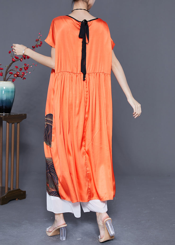Loose Orange V Neck Print Draping Silk Party Dress Summer