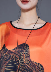 Loose Orange V Neck Print Draping Silk Party Dress Summer