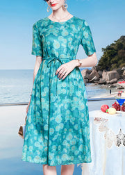 Loose Peacock Blue O-Neck Dot Print Drawstring Linen Long Dresses Short Sleeve