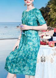 Loose Peacock Blue O-Neck Dot Print Drawstring Linen Long Dresses Short Sleeve