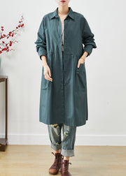 Loose Peacock Green Pockets Patchwork Cotton Shirt Dresses Spring