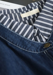Loose Peter Pan Collar Button Striped Patchwork Fake Two Piece Denim Cotton Shirt Long Sleeve