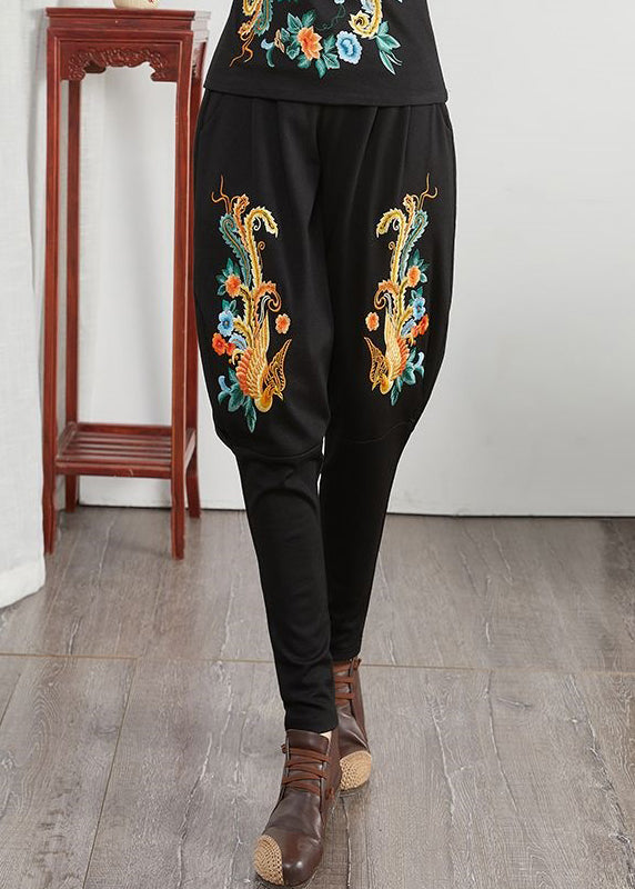 Loose Phoenix Embroidered Pockets Patchwork Cotton Pants Fall