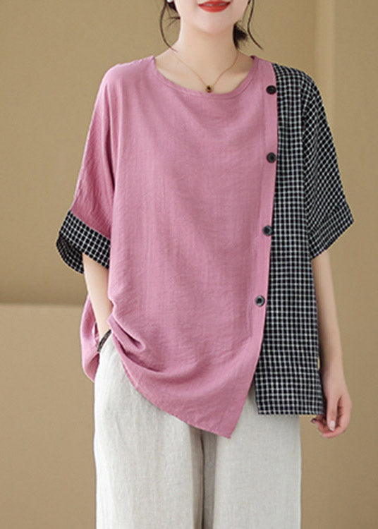Loose Pink Asymmetrical Plaid Patchwork Button T Shirts Short Sleeve