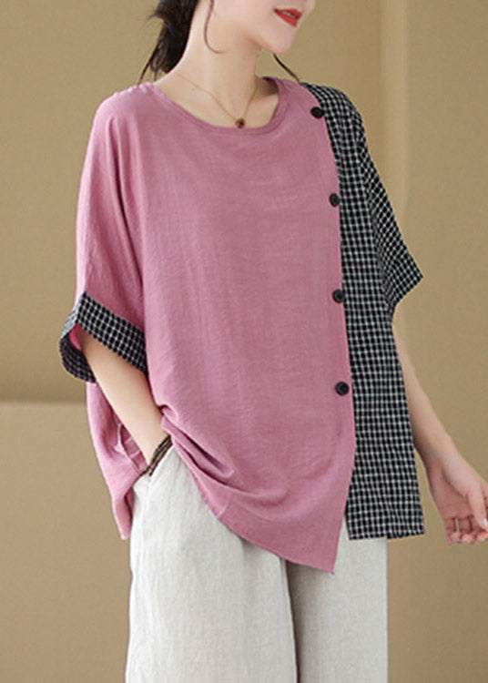 Loose Pink Asymmetrical Plaid Patchwork Button T Shirts Short Sleeve