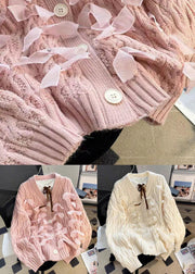 Loose Pink Button Nail Bead Patchwork Knit Coats Fall