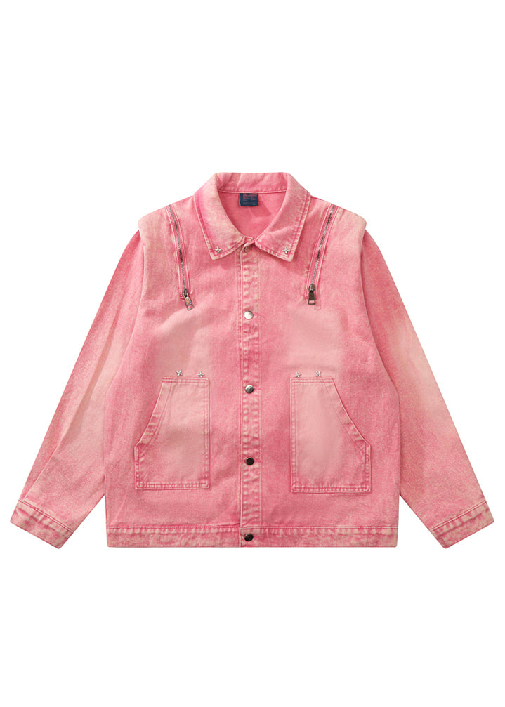 Loose Pink Button Pockets Patchwork Unisex Style Denim Coats Fall