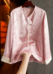 Loose Pink Button Print Pockets Patchwork Silk Coats Fall