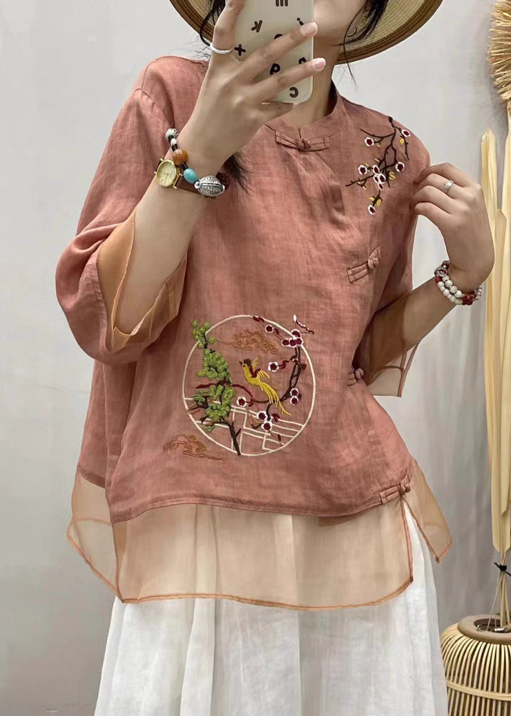 Loose Pink Embroideried Button Cotton Blouses Summer