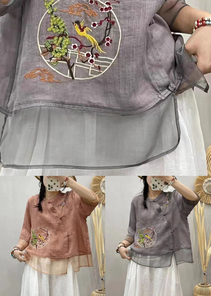 Loose Pink Embroideried Button Cotton Blouses Summer