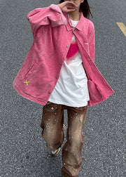 Loose Pink Embroidered Button Patchwork Denim Coats Fall