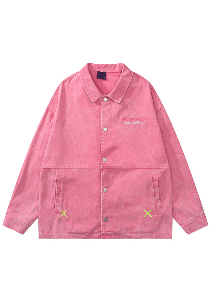 Loose Pink Embroidered Button Patchwork Denim Coats Fall