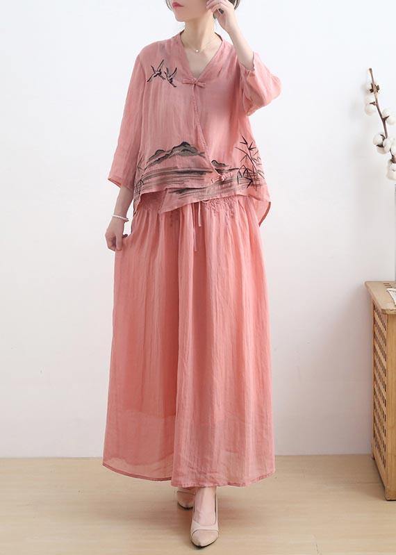 Birds Over The Clouds- Pink Oriental Summer Linen Outfit Blouse & Pants Two Pieces Set - SooLinen