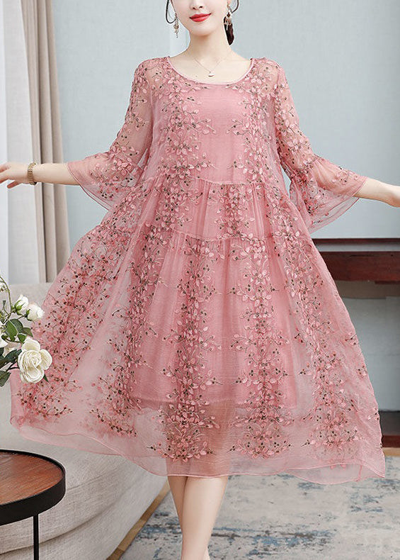 Loose Pink Embroideried Ruffled Lace Up Silk Dresses Flare Sleeve