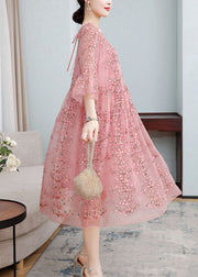 Loose Pink Embroideried Ruffled Lace Up Silk Dresses Flare Sleeve
